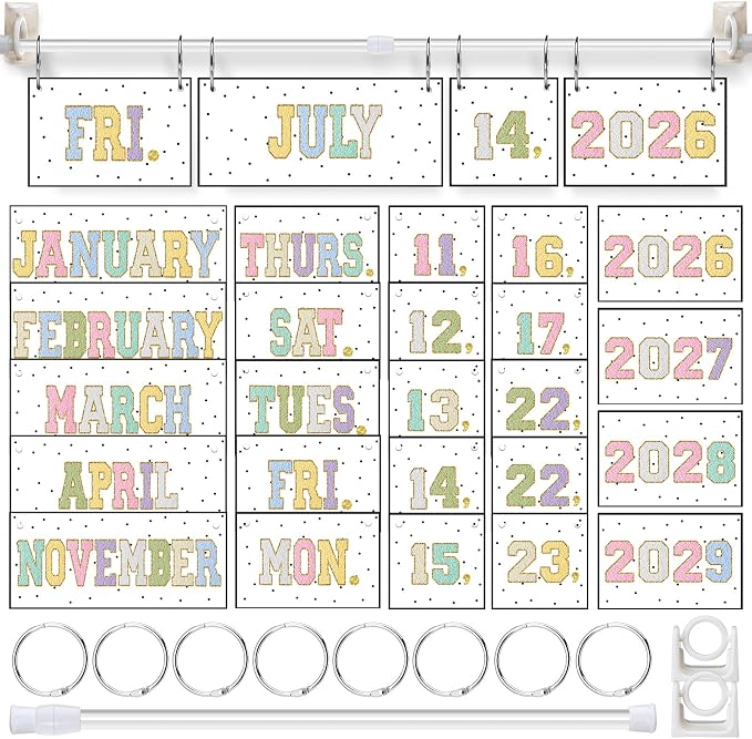 TecUnite Chenille Calendar Bulletin Board Set Colorful Patch Flip Calendar with Adjustable Holder 2026 to 2029 Year 54 Date Cards for Back to School for Classroom Bulletin Board Decor