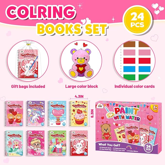 ZMLM 24 Water Coloring Books for Kids Party Favors - Bulk Mini Coloring Books for Kids Ages 4-8,Small Birthday Goodie Bag Stuffers School Teacher Return Gift Art Crafts Classroom Prizes (Valentines)