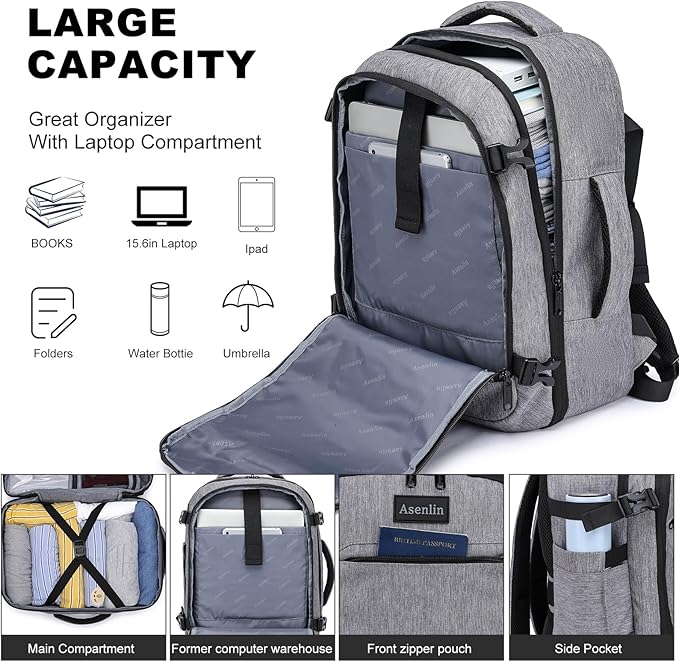 Asenlin Travel Backpack for Women Men,Flight Approved Carry On Luggage 40L Water Resistant Business Laptop Backpacks Fits TSA 17.3 Inch Computer College Weekender Outdoor Hiking-Grey