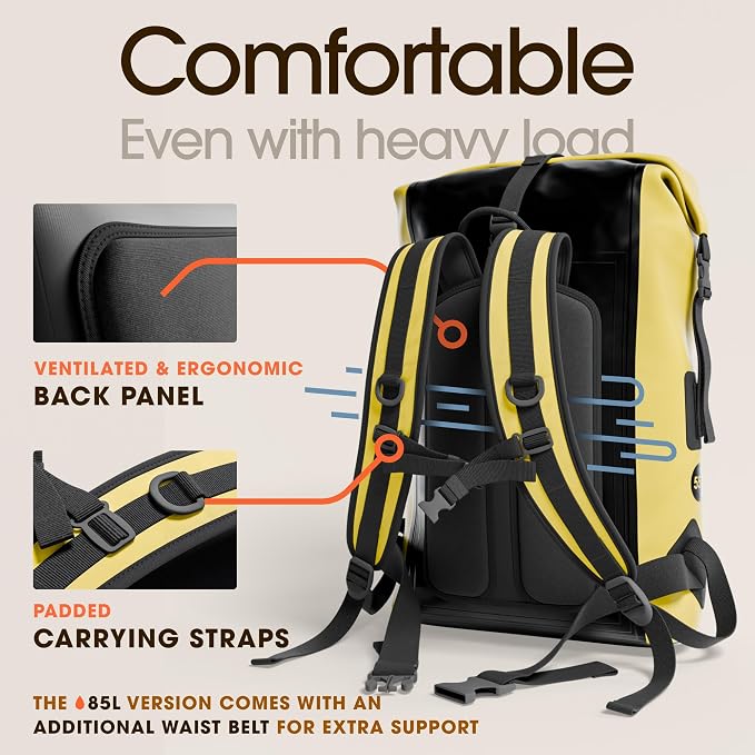 Waterproof Dry Bag Backpack 35L - Kayaking Boating Fishing Rafting Marine | Yellow 35L dry bag: 500D PVC, abrasion resistant build, IPX8 phone case for river and lake trips