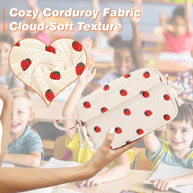 Big Capacity Pencil case,Soft Corduroy Pencil Bag with 3 Compartment,Pencil Pouch School Supplies Cute Pencil Box Pencil Bag for Teen Girls Boys College (Strawberry)
