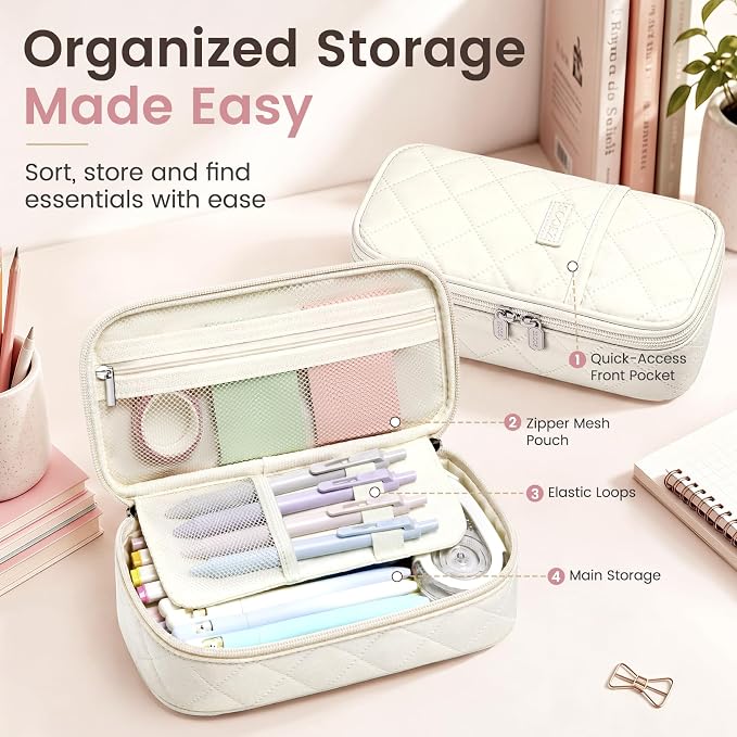Sooez Cute Pencil Case, Soft Corduroy Pencil Pouch, Large Pen Pencil Bag | Zipper Pen Case, Aesthetic Pen Pouch, Colored Stationery Storage & Organizer, College School Supplies for Teen Girl, Beige
