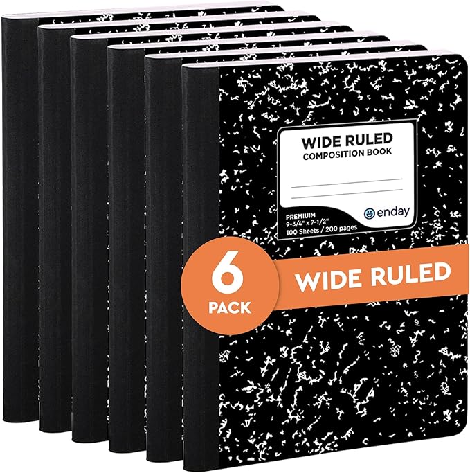 Emraw Composition Books Black & White Marble Style Durable Cover Notebooks Wide Ruled Ruled Paper 100 Sheets Writing Book for school and journaling (Pack of 6)