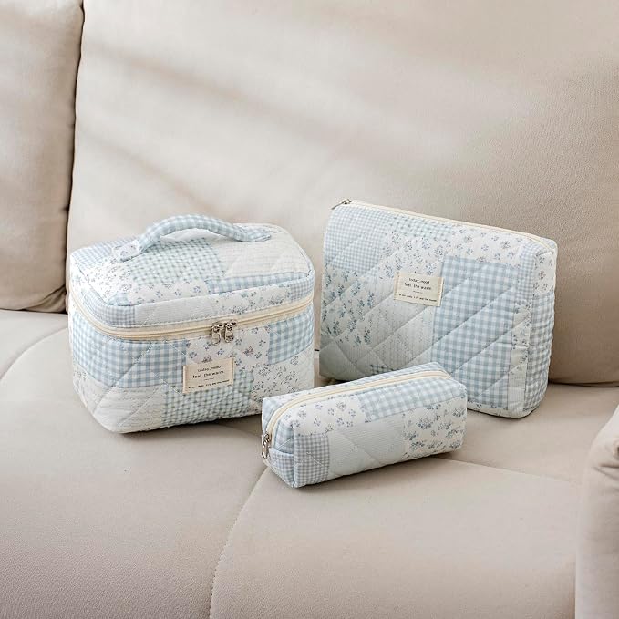 uekeboag Large Travel Quilted Makeup Bag for Women | Soft Floral Cotton Cosmetic Bag, Foldable Coquette Aesthetic Toiletry Organizer