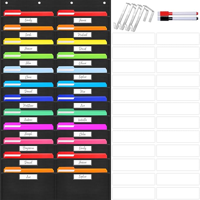 24 Pockets Heavy Duty Storage Chart, Hanging Wall File Organizer, Plus 4 Over Door Metal Hangers, 2 Markers & 24 Erasable Blank Cards, Organize Your Assignments, Files, Scrapbooks Papers (28” x 50.5”)