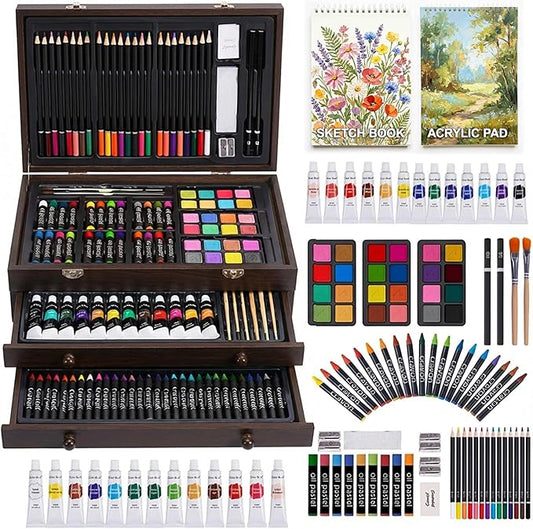 175-Pack Deluxe Wooden Art Set Drawing Painting Kit with 2 Drawing Pads, Acrylic Paints, Colored Pencils, Crayons, Paint Brush, Art Kit in Wooden Case, Gift for Artist, Adults, Teens and Kids