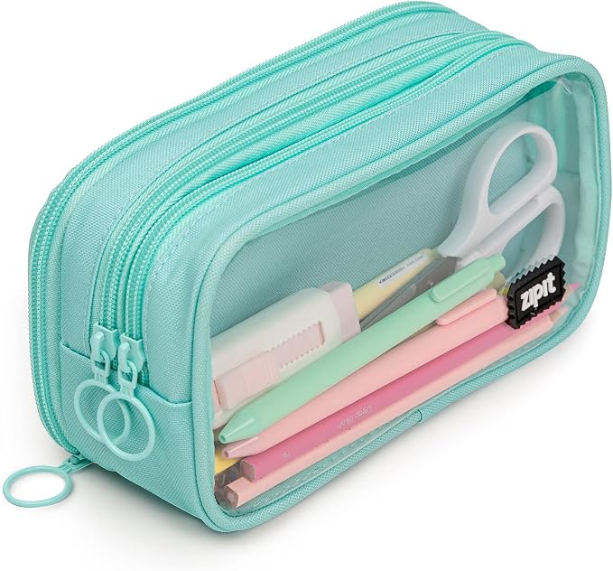 ZIPIT Half & Half Pencil Case, 3-Compartment Zipper Pouch for Girls, Mint | Clear-front pencil case for school, dedicated organizer panels, holds up to 70 pens & pencils, durable easy-care polyester