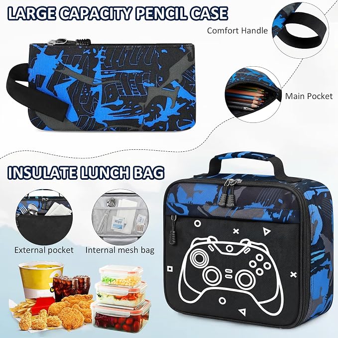 School Backpack for Boys - 4pcs Gamer Boys Backpack with Lunch Box Set for Kids Teens Elementary Middle High School,18″ Large Capacity Students Bookbag with Usb Charging Port & Key-chain