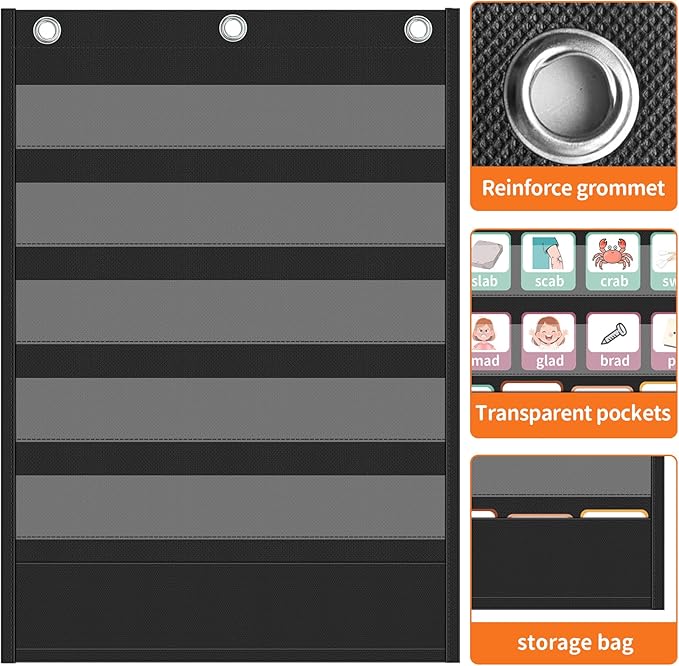 Yoink 5+1 Standard Pocket Chart, Clear 5 Pockets with 1 Extra Storage Pocket for Classroom, Word Wall and Sentence Strips Hanging Chart for Vocabulary Learning, Teacher Supplies(Black)
