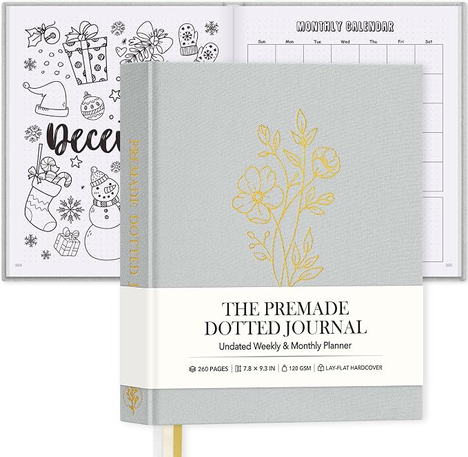 Everloria Premade Dotted Journal, 12 Months Pre-made Templates Bullet Notebook, 260 Hand-Drawn Coloring Pages, Undated Weekly & Monthly Planner, 7.8"x9.3" Linen Dot Grid Habit Mood Tracker, Gray