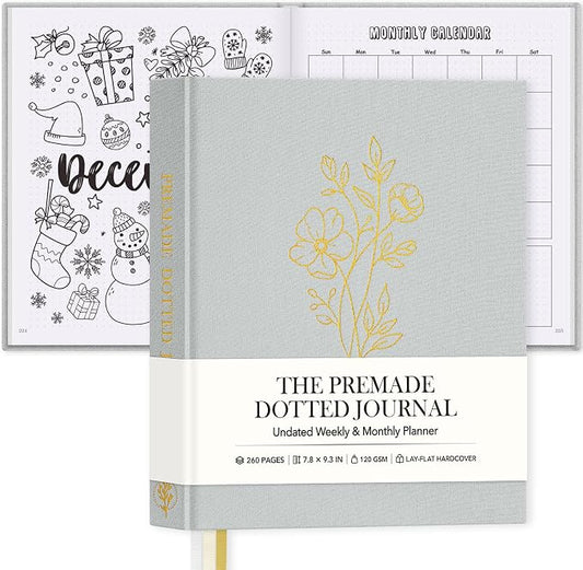 Everloria Premade Dotted Journal, 12 Months Pre-made Templates Bullet Notebook, 260 Hand-Drawn Coloring Pages, Undated Weekly & Monthly Planner, 7.8"x9.3" Linen Dot Grid Habit Mood Tracker, Gray