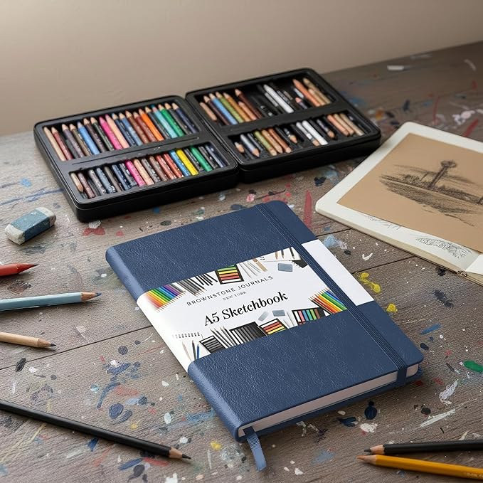 BROWNSTONE JOURNALS A5 Sketch Book Hardcover - 80 Sheets 100 GSM Paper 5"x8", Lay Flat, Vegan Leather Cover, Elastic Band, Back Pocket, Art Drawing Book (Symphony Blue)