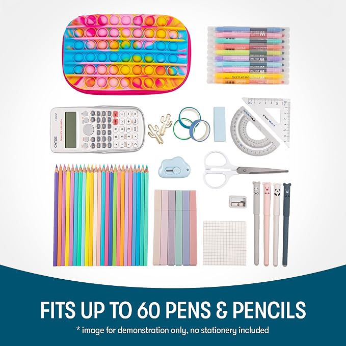 ZIPIT POP Pencil Case for Girls, Silicone Sensory Pencil Box, Rainbow | Playful box for kids with tactile top, sturdy crack-proof shell, secure zipper, large capacity holds 60 pens & pencils