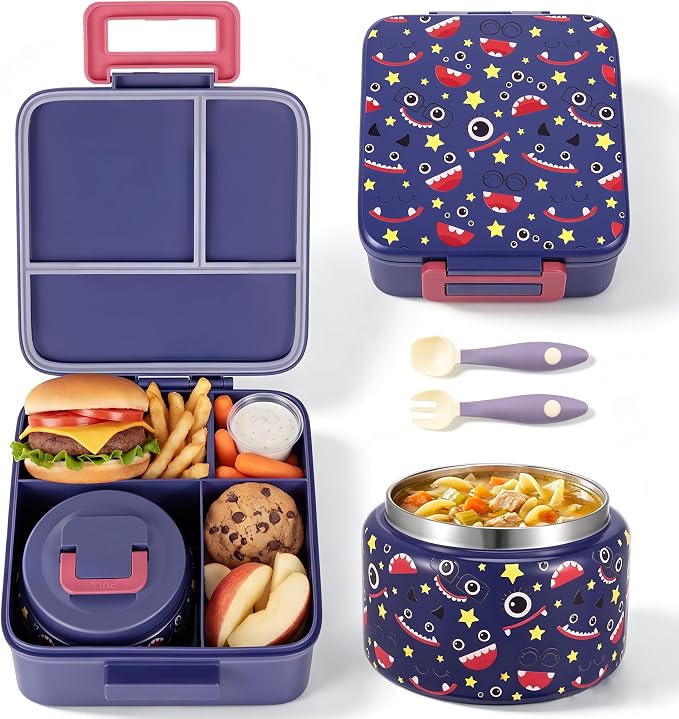 MAISON HUIS Bento Lunch Box with 8oz Soup Thermo, 5-Compartment Leak-Proof Container, Thermo Hot Food Jar and Insulated Lunch Bag, BPA Free,Travel, School (Darkblue)