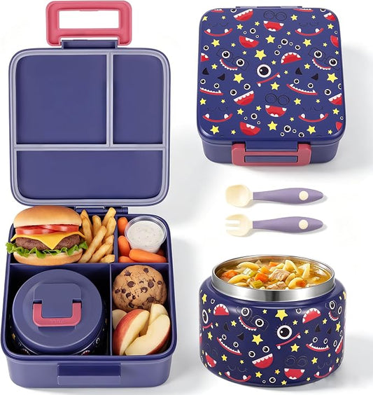 MAISON HUIS Bento Lunch Box with 8oz Soup Thermo, 5-Compartment Leak-Proof Container, Thermo Hot Food Jar and Insulated Lunch Bag, BPA Free,Travel, School (Darkblue)