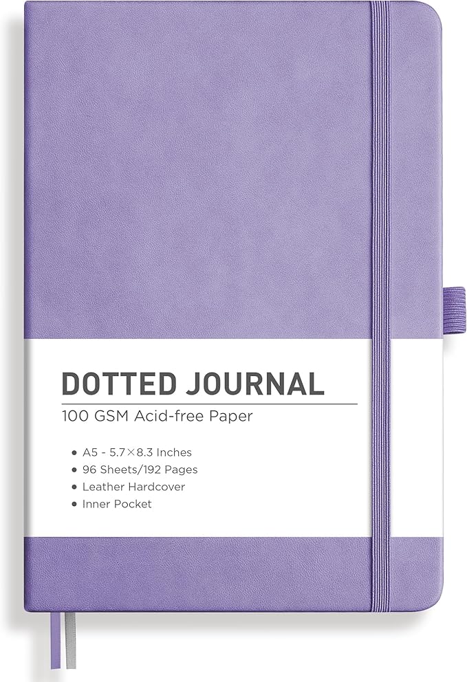 RETTACY Dotted Journal Notebook, 192 Pages, A5 Medium Size (5.7'' x 8.3''), Leather Hardcover, 100 GSM Thick Paper, for Journaling, Planning, Tracking (Purple)