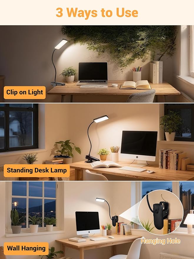 Clip on Light,9 Brightness+5 Colors Rechargeable Lamp,4000mAh Battery Powered Lamp,450 Lumen 48 LED Desk Lamp with Clamp,Cordless & Wireless Lamp,Reading Light for Bed/Headboard/Table/Dorm/Home Office