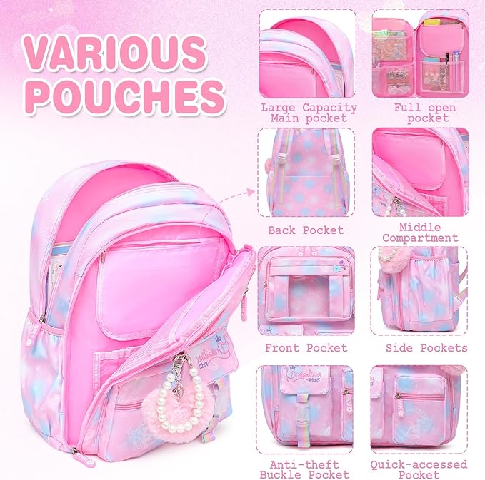 Alrisg Girls Backpack for Kids Elementary Middle School Cute Student Bookbag School Bag Pink