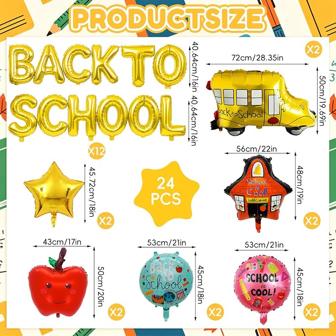Back to School Balloons,Back to School Decorations,Letter Balloons Banner | 24PCS Back to School Balloon with School Bus,School,Apple,Round, Star Balloons for Classroom,Kindergarten,First Day of School