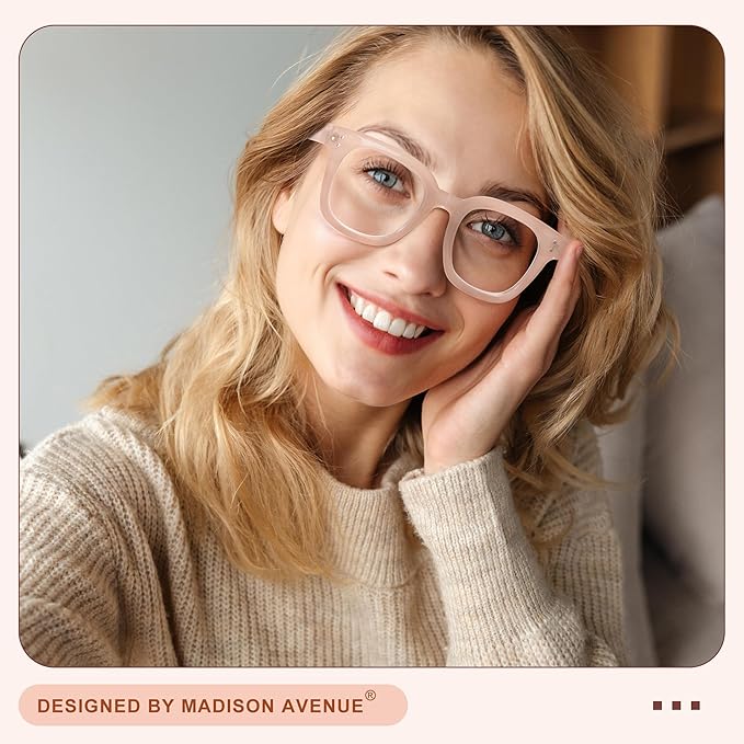 Madison Avenue Blue Light Blocking Glasses Oversized Fashion Blue Light Glasses for Women Anti Eyestrain & UV Protection Computer Eyeglasses (Nude Pink)