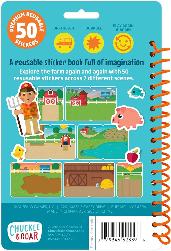 Chuckle & Roar Reusable Sticker Book: Farm – 7 Farm Scenes + 45 Premium Reusable Stickers, Mess-Free Arts & Crafts Travel Activity for Toddlers, Durable On-The-Go Sticker Play Set, Ages 3+