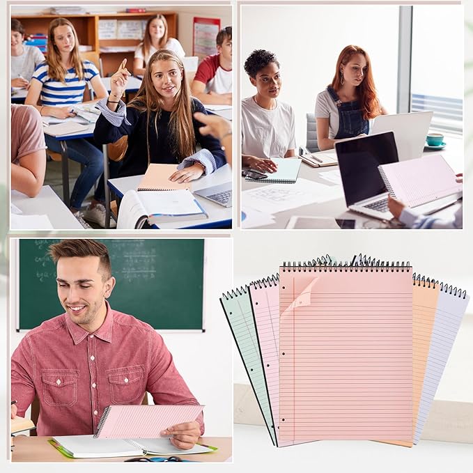 MotiMind 10 Pack 8.5" x 11" Top Spiral Notebook with 3 Hole Punched Light Colors Legal Pads College Ruled Notepad 50 Sheets Hard Cardboard Paper Wirebound Notepad for Office School Business