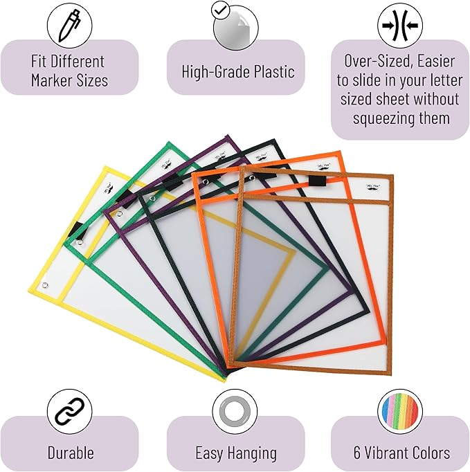 Mr. Pen- Reusable Dry Erase Pocket Sleeves, 10" x 14", 6 Pack, Multicolored Border, Clear Plastic Paper Sleeves, Ticket Holders, Clear Plastic Sheet Protectors, Teacher, School, Classroom Supplies