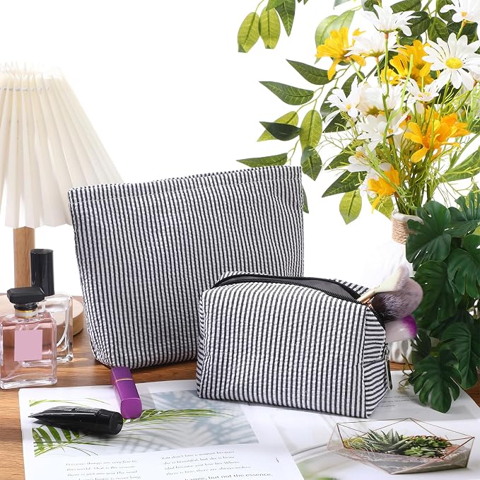 Huhumy 2 Pcs Makeup Bag Set for Women, Black, Thin Striped Seersucker | Cute Cosmetic Pouch Women Travel Toiletry Bag Preppy Small Makeup Purse Pouch Aesthetic Skincare Brushes Storage Organizer