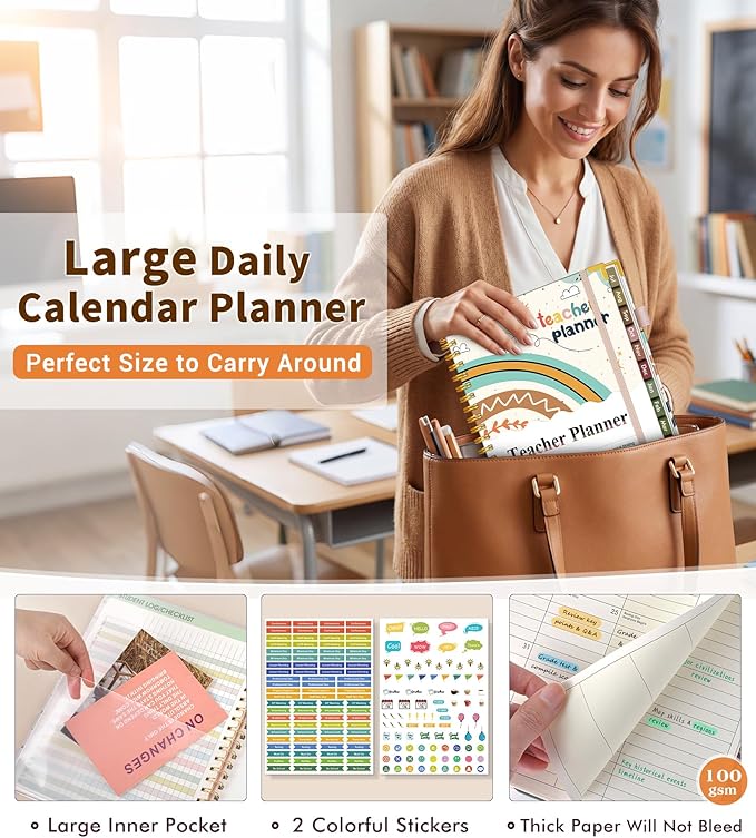 Teacher Planner 2026-2027, July 2026 - June 2027, Academic Weekly & Monthly Calendar Planner with Tabs, 8.5" x 11" A4 Teacher Lesson Plan Book with 7 Periods, Daily Agenda School Organizer for Teacher Student Homeschool, Rainbow