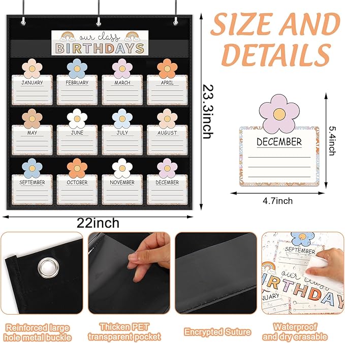 FYSUIMU Birthday Pocket Chart Pastel Boho Flower Month Cards Colorful Birthday Chart Calendars for Classroom Bulletin Board Chalkboard Wall Display