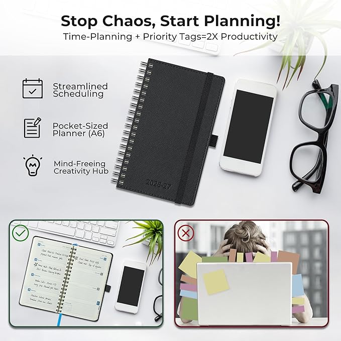 Planner 2026-2027 Daily Weekly and Monthly,6.5"x3.75",18 Months Spiral Bound Calendar Agenda with Self-adhesive Pen Holder,2026 Academic Plan with Vegan Leather Soft Cover,Black