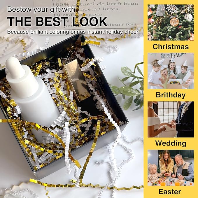 1LB Crinkle Cut Paper Shred Filler for Gift Box Bag and Basket On Holidays(Gold&White)
