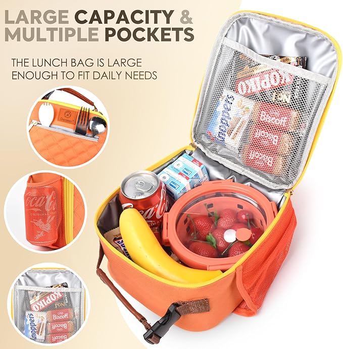 Genteen Lunch Box Reusable Lunch Bag for Men Women Kids Adults,Insulated Lunch Bag Waterproof Lunch Box Cooler,Small LunchBox With Side Pockets for Work Office School Travel Picnic-Orange