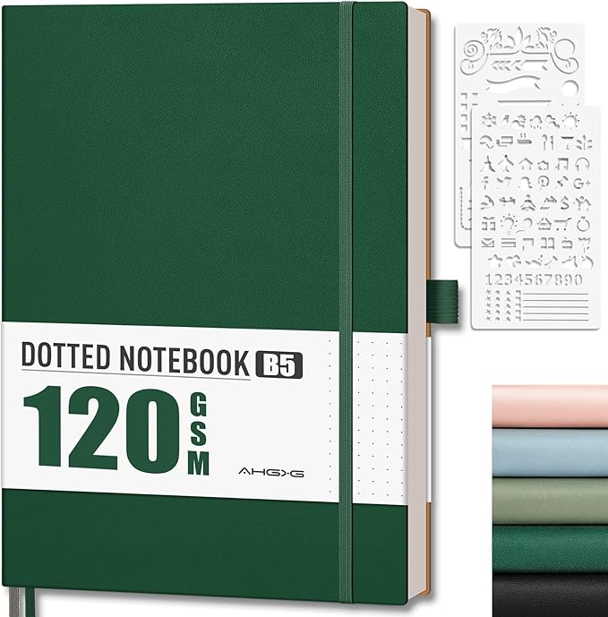 AHGXG Dotted Journal - Dot Grid Notebook Journal, 120 GSM Thick Acid-Free Paper, Large B5 Dotted Notebook 96 Pages, Leather Softcover, Inner Pocket, Journal Stencil, 7.6'' X 10'', Dark Green