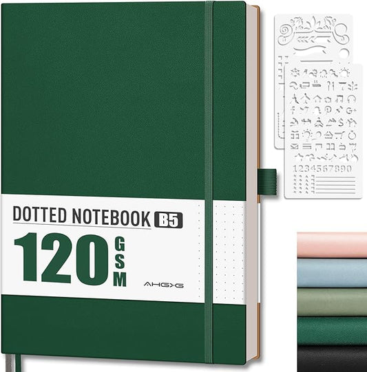 AHGXG Dotted Journal - Dot Grid Notebook Journal, 120 GSM Thick Acid-Free Paper, Large B5 Dotted Notebook 96 Pages, Leather Softcover, Inner Pocket, Journal Stencil, 7.6'' X 10'', Dark Green
