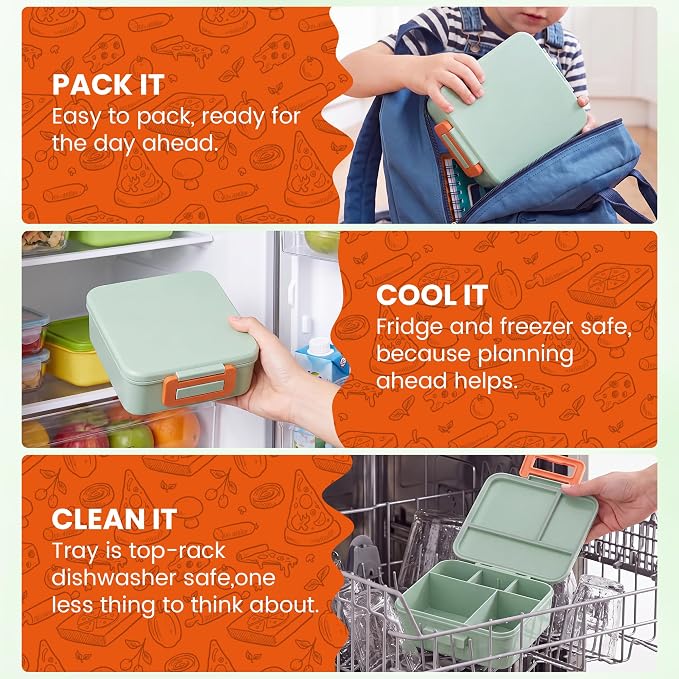 MAISON HUIS Bento Lunch Box with 8oz Soup Thermo, 5-Compartment Leak-Proof Container, Thermo Hot Food Jar and Insulated Lunch Bag, BPA Free,Travel, School (Light green)
