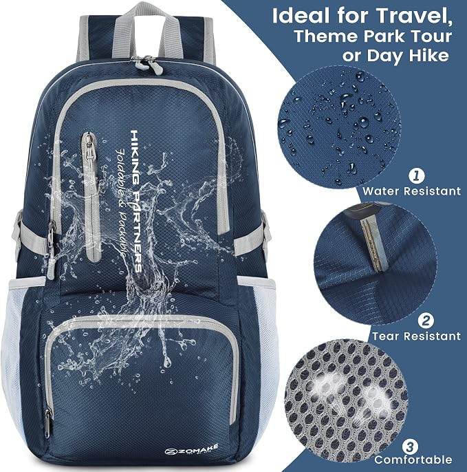ZOMAKE Lightweight Packable Backpack, 35L Foldable Daypack (Navy Blue) | Light Hiking Backpacks Water Resistant Collapsible Day Pack for Travel, Everyday Carry, Multi-Pocket Layout, Heavy Duty Nylon