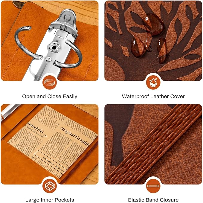 Ovesmusl PU Leather 3 Ring Binder Fits 8.5"x11" Letter Size Paper, 1.5 Inch Round Ring Binder Holds 350 Sheets, Notepad Paper Cover Loose Leaf Organizer, Brown Tree