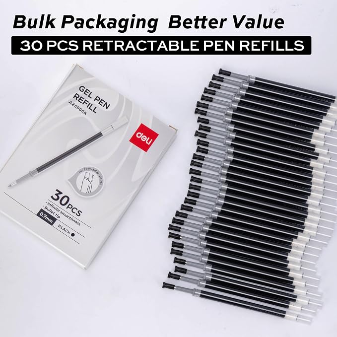 deli Gel Pen Refills, 30 Pcs 0.7mm Retractable Pen Refills Black Ink | Medium Point, Smooth Writing, Fast Dry, No Bleed for Journaling Note Taking, Home School Office Supplies