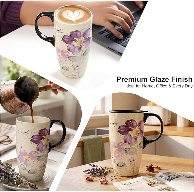 Topadorn Tall Ceramic Travel Mug 17 oz. Coffee Cups Sealed Lid With Color Box (Purple Flower)