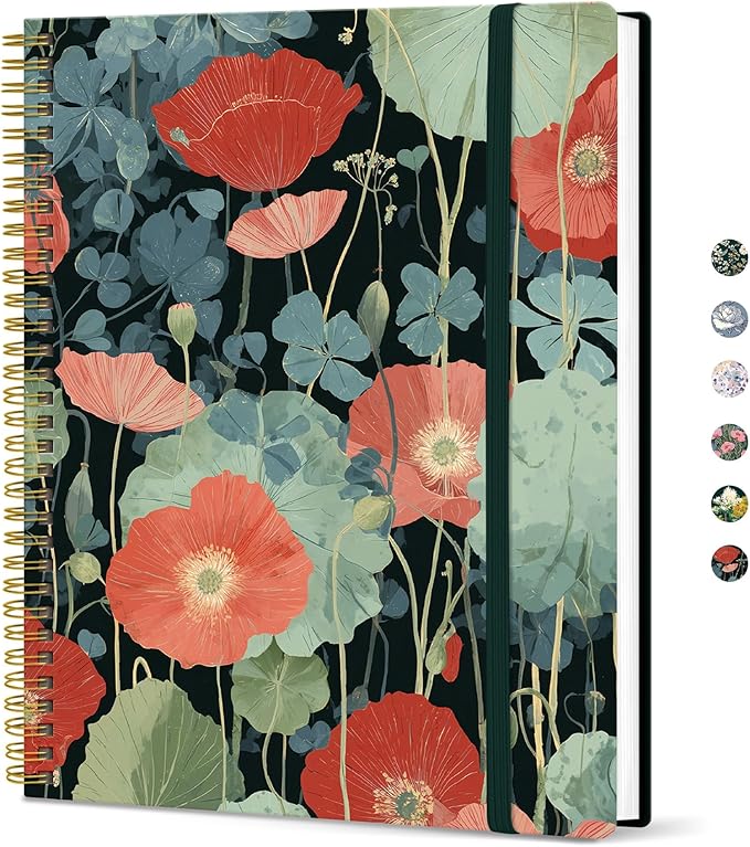 Taja Large Spiral Lined Journal for Women, 8.5" x 11" Notebooks for Work Collge Ruled, A4 Aesthetic Cute Journaling Notebooks for Writing, Plastic Cover, Poppy Garden