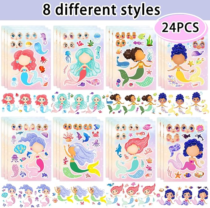 24 Sheets 8.27''×5.9'' Make Your Own Mermaid Stickers for Kids Toddlers, Make a Face Stickers for Kids Party Favors Activities