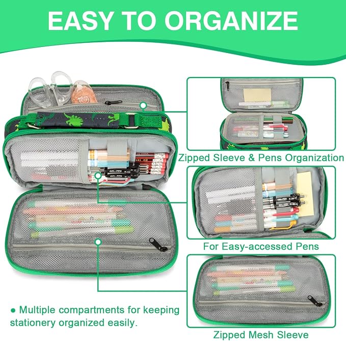 VASCHY Pencil Case for Boys, Aesthetic Kawaii Large Pencil Pouch Stationary Pencil Bag/Box for Preppy Kids, Pen Organizer Holder School Supply Black Dinos