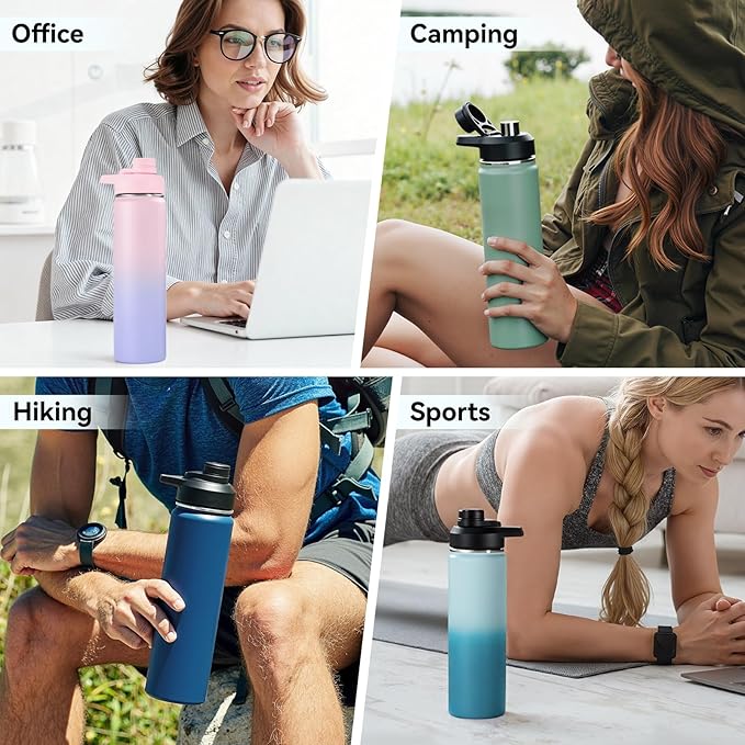 Fijinhom 24 oz Insulated Water Bottle with Handle, 304 Stainless Steel Water Bottles with Wide Mouth, Double Wall Vacuum Sports Water Bottle, BPA Free, Keep Cold and Hot, Pink/Purple