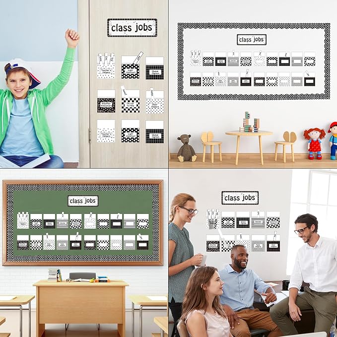 WATINC 97pcs Class Jobs Bulletin Board Set, Classroom Jobs Chart with Name Tags, Back to School Schedule Boards Pocket Behavior Chart for Classroom Chalkboard Walls Decoration (Black White Stripe)