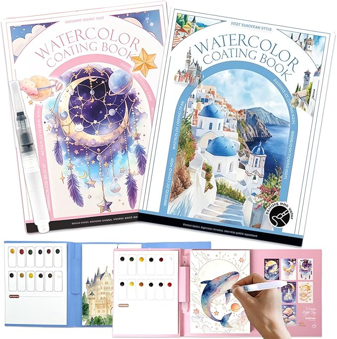 NaTuGi 2Pac Watercolor Workbook for Adults,Watercolor Coloring Book,Portable Watercolor Painting Books,Creative Stress Relief Kit,Suitable for Beginners Birthday Gift (Dreams and Architecture)