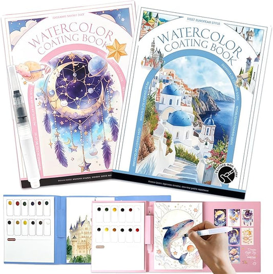 NaTuGi 2Pac Watercolor Workbook for Adults,Watercolor Coloring Book,Portable Watercolor Painting Books,Creative Stress Relief Kit,Suitable for Beginners Birthday Gift (Dreams and Architecture)