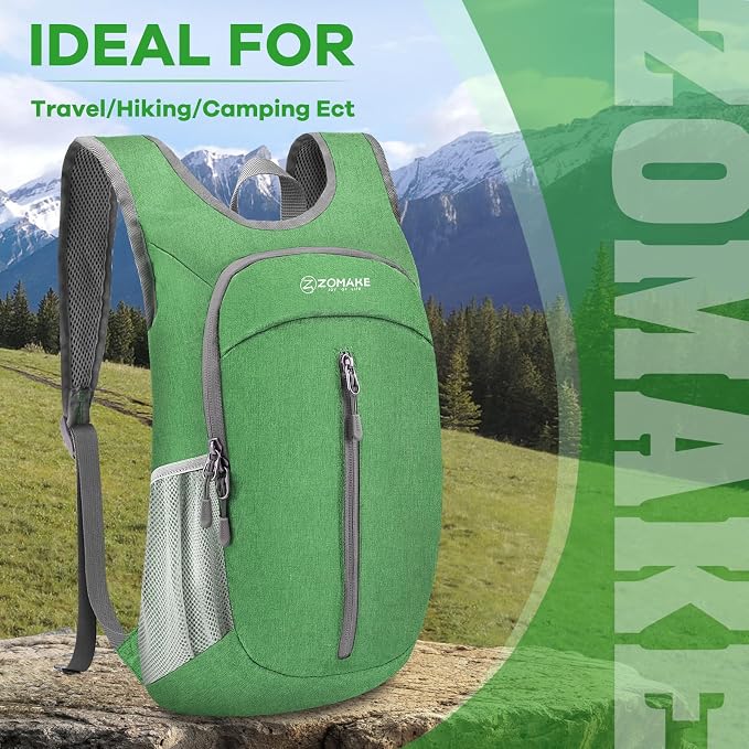 ZOMAKE Lightweight Packable Backpack, 10L Small Foldable Daypack for Hiking | Water Resistant Collapsible Backpacks for Women Men,Everyday Carry, Multi Compartment Storage,Adjustable Strap(Dark Green A1)