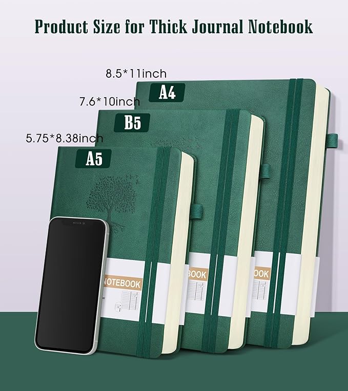 Lined Journal Notebook -365 Pages A5 Thick Journals for Writing Ruled Notebook, Hardcover Leather Journal for Women Men Daily Journal Notebook for Work, Note Taking, 100Gsm Lined Paper( 5.75'' X 8.38'' Green)