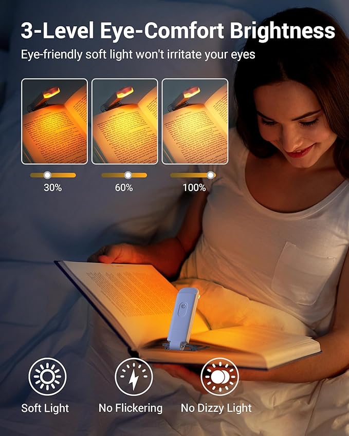 DEWENWILS Book Reading Light, Amber Warm Clip On LED with 3 Adjustable Brightness for Eye Protection, Rechargeable USB, Perfect for Bookworms, Kids (White)